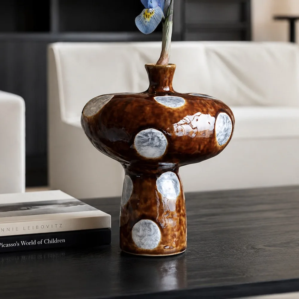 Artist-Made Mushroom-Form Brown Ceramic Vase in clay — front view