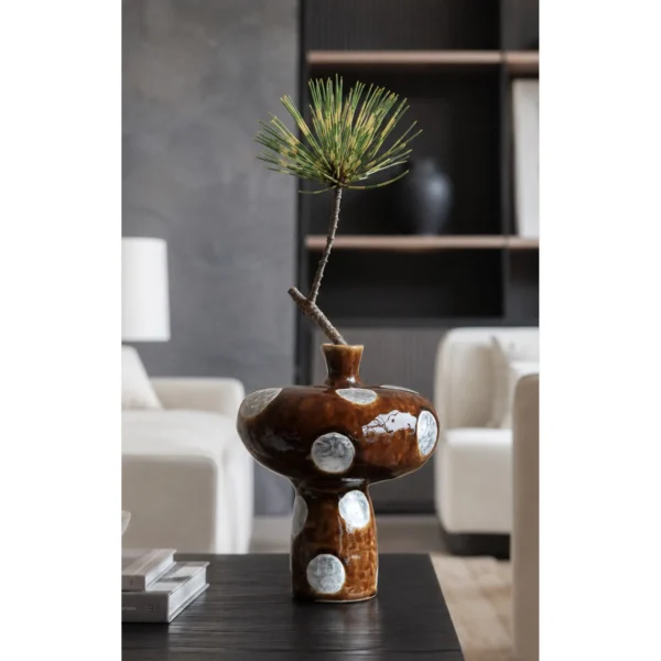 Artist-Made Mushroom-Form Brown Ceramic Vase in clay — in a room setting