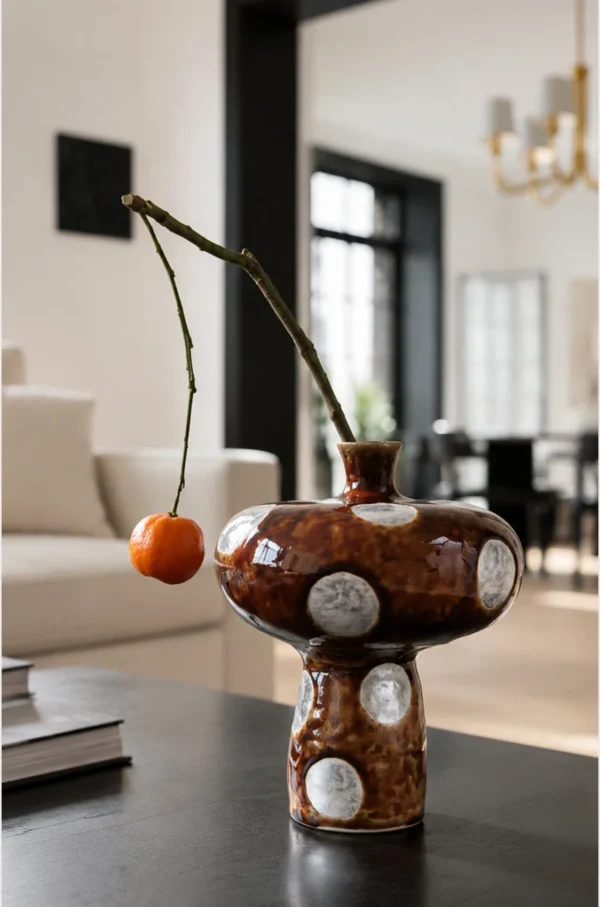 Artist-Made Mushroom-Form Brown Ceramic Vase in clay — in a room setting