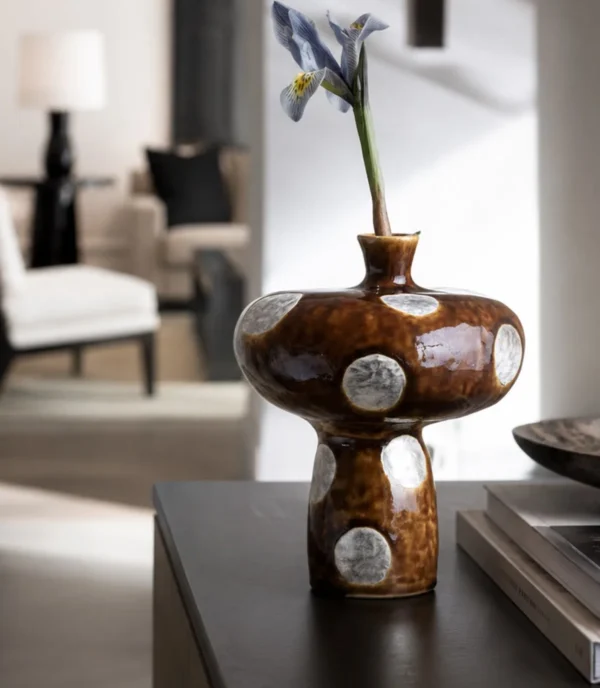 Artist-Made Mushroom-Form Brown Ceramic Vase in clay — in a room setting
