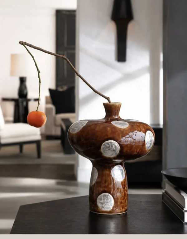 Artist-Made Mushroom-Form Brown Ceramic Vase in clay — in a room setting
