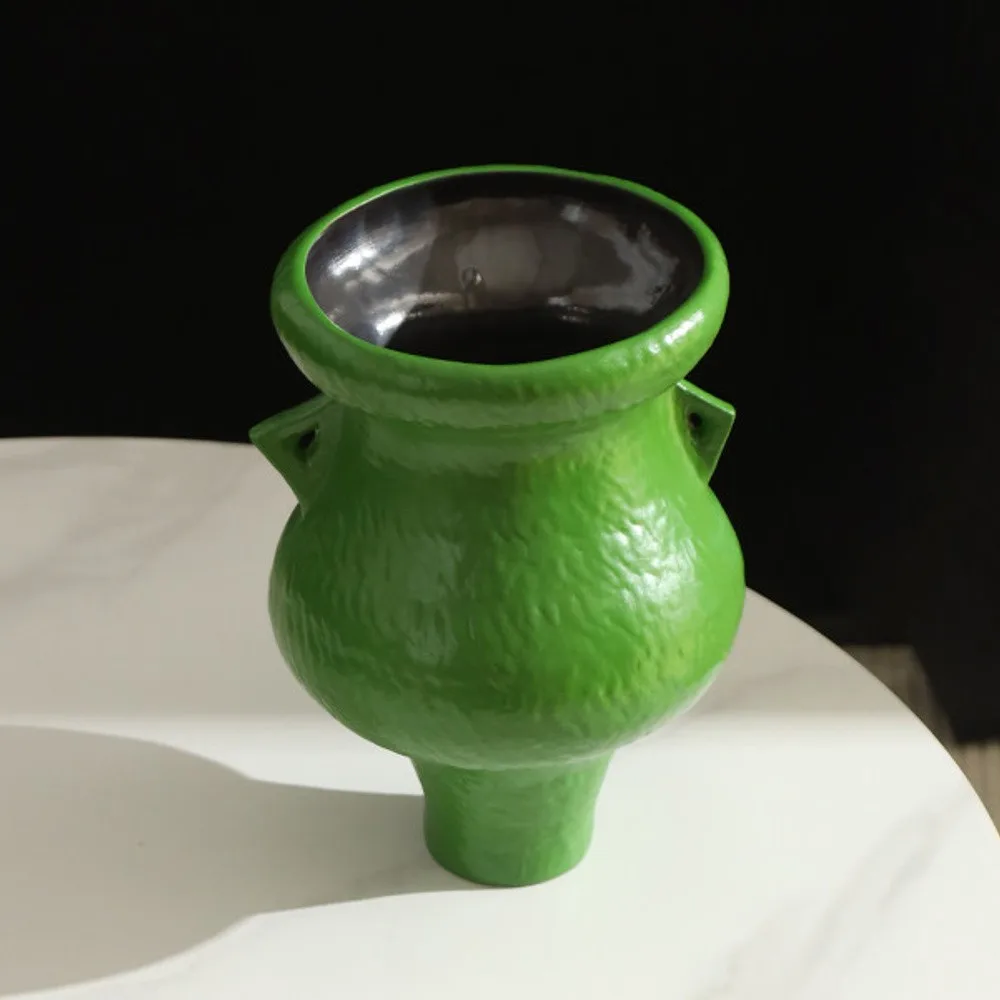 Artist-Made Bright Green Footed Urn Vase in olive — front view
