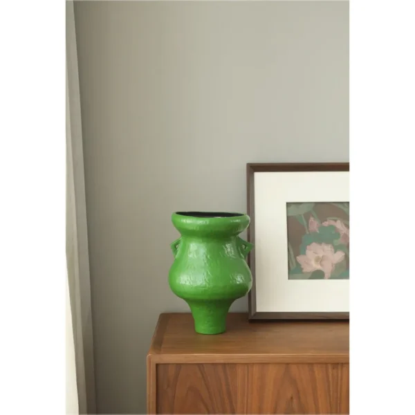 Artist-Made Bright Green Footed Urn Vase in olive — in a room setting