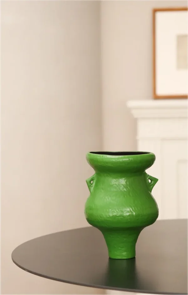 Artist-Made Bright Green Footed Urn Vase in olive — in a room setting