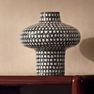 Artist-Made Hand-Painted Plaid Wide-Shoulder Vase in black — front view