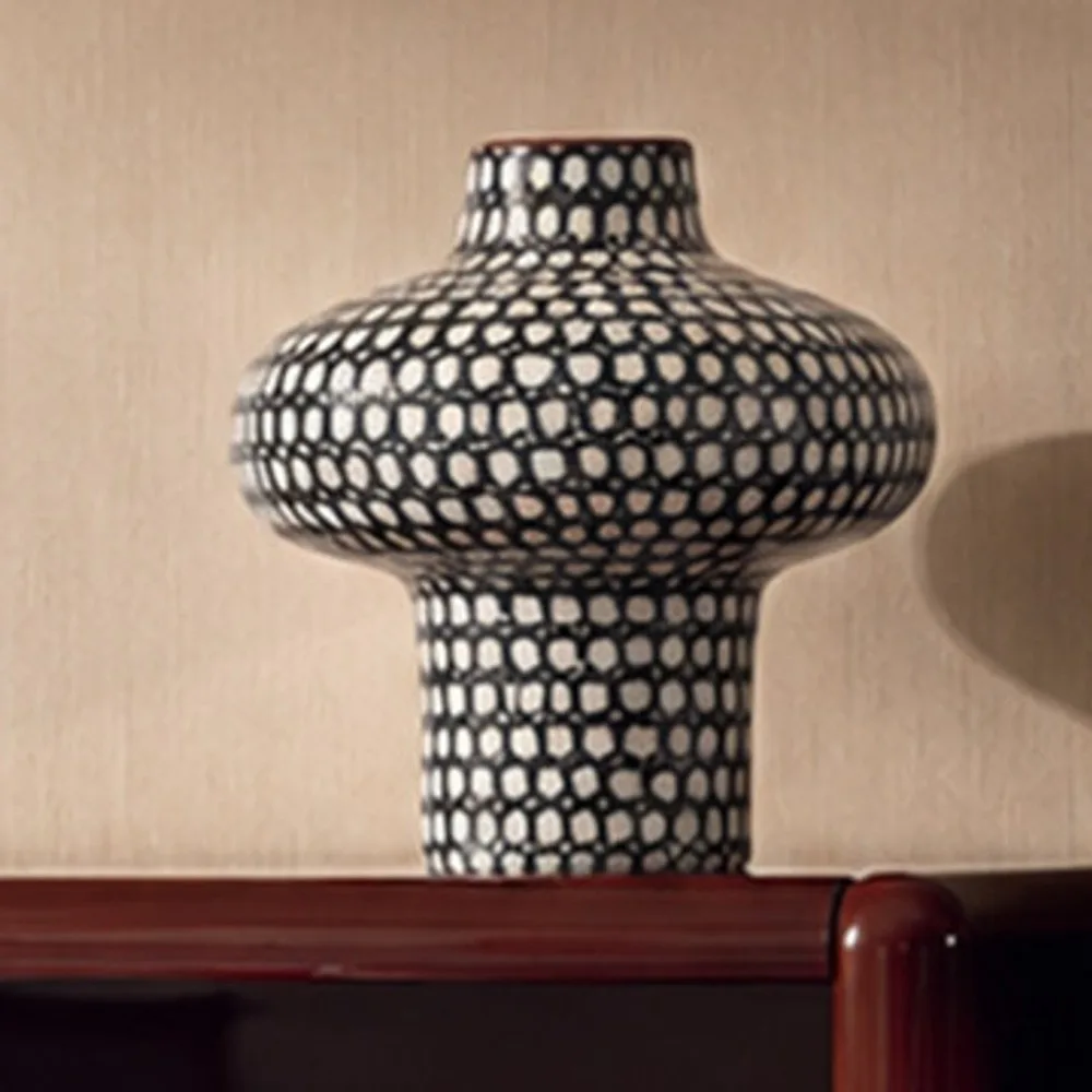 Artist-Made Hand-Painted Plaid Wide-Shoulder Vase in black — front view