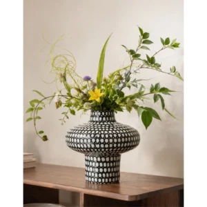 Artist-Made Hand-Painted Plaid Wide-Shoulder Vase in black — in a room setting