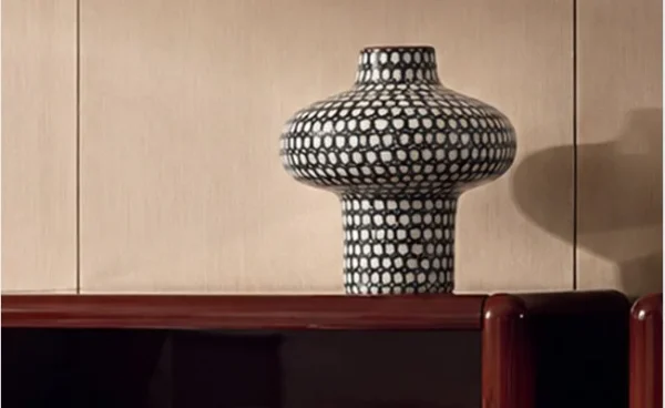 Artist-Made Hand-Painted Plaid Wide-Shoulder Vase in black — in a room setting
