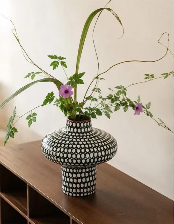 Artist-Made Hand-Painted Plaid Wide-Shoulder Vase in black — in a room setting