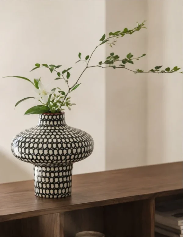 Artist-Made Hand-Painted Plaid Wide-Shoulder Vase in black — in a room setting