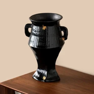 Artist-Made Ribbed Black Gold Square-Ear Vase in black — front view