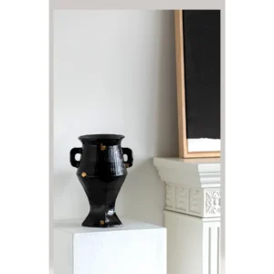 Artist-Made Ribbed Black Gold Square-Ear Vase in black — in a room setting