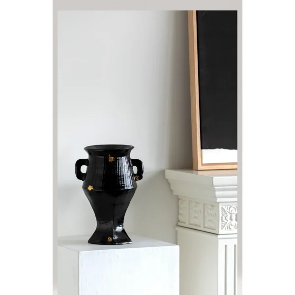 Artist-Made Ribbed Black Gold Square-Ear Vase in black — in a room setting