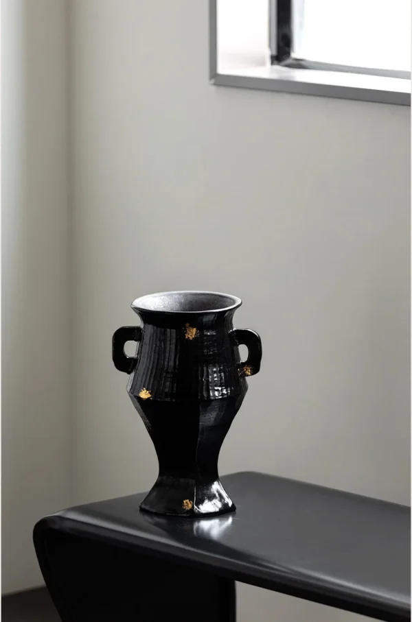 Artist-Made Ribbed Black Gold Square-Ear Vase in black — in a room setting