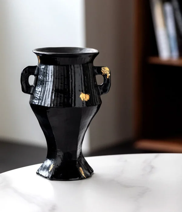 Artist-Made Ribbed Black Gold Square-Ear Vase in black — in a room setting