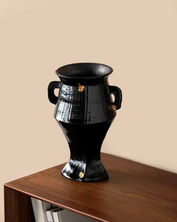 Artist-Made Ribbed Black Gold Square-Ear Vase in black — in a room setting