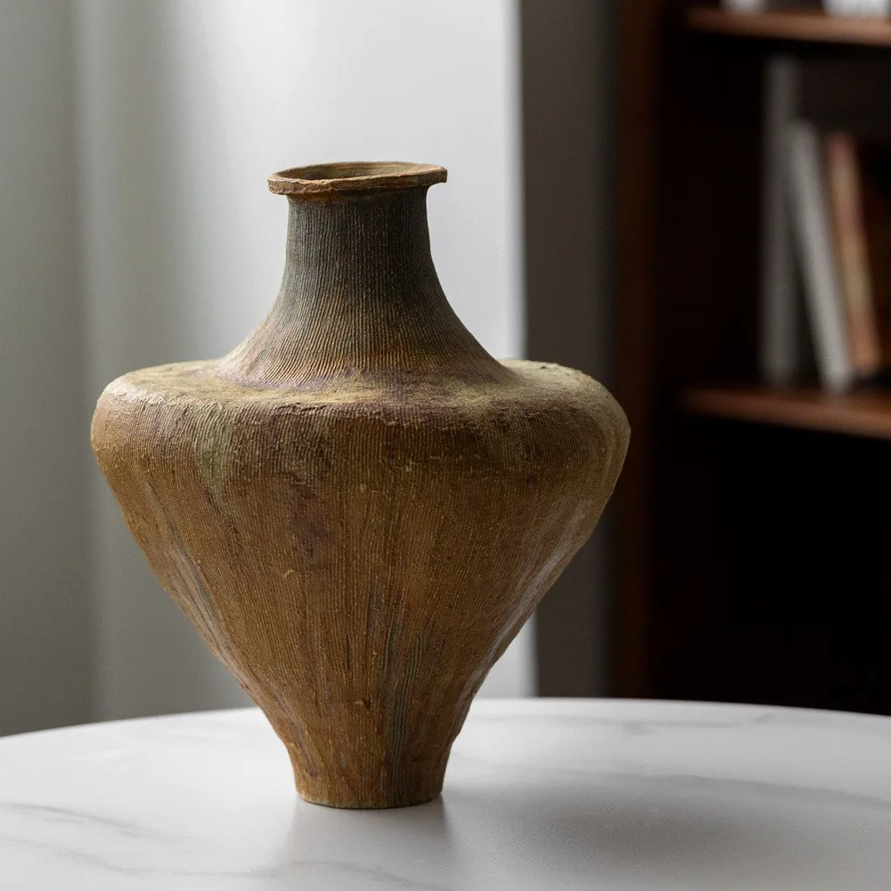 Artist-Made Ribbed Wide-Shoulder Vase in Kiln-Change Ochre — front view