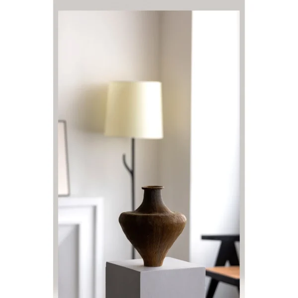 Artist-Made Ribbed Wide-Shoulder Vase in Kiln-Change Ochre — in a room setting