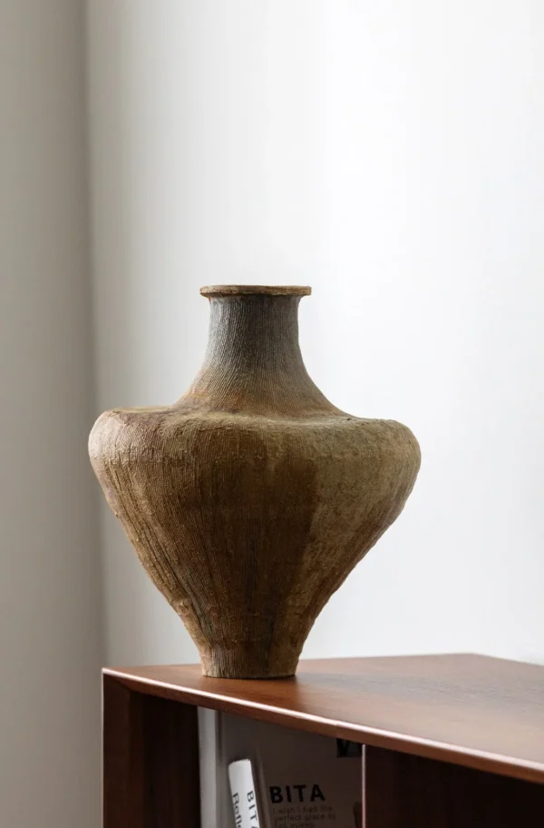 Artist-Made Ribbed Wide-Shoulder Vase in Kiln-Change Ochre — in a room setting