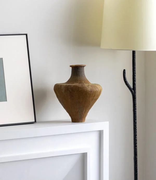 Artist-Made Ribbed Wide-Shoulder Vase in Kiln-Change Ochre — in a room setting