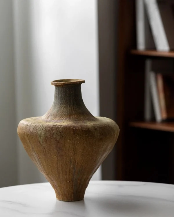 Artist-Made Ribbed Wide-Shoulder Vase in Kiln-Change Ochre — in a room setting