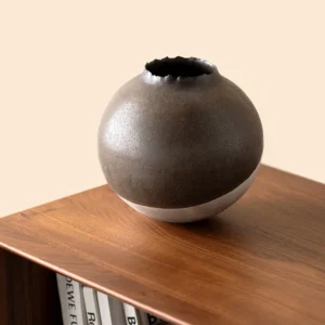 Artist-Made Round Vase with Silver Torn Rim and Bronze Body in clay — front view