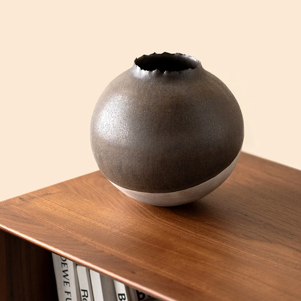 Artist-Made Round Vase with Silver Torn Rim and Bronze Body in clay — front view