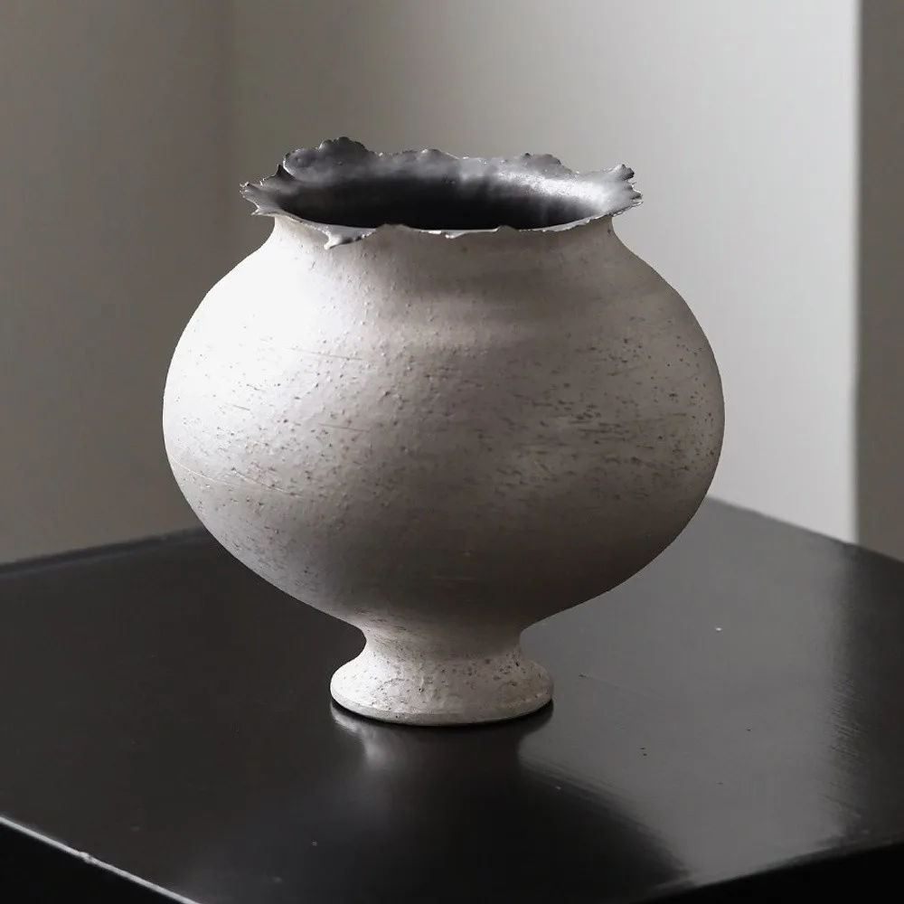 Artist-Made Mountain Moon Vase with Silver Torn Rim in slate — front view