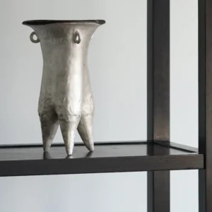 Artist-Made Tripod Ceramic Vessel with Silver Glaze in ivory — front view