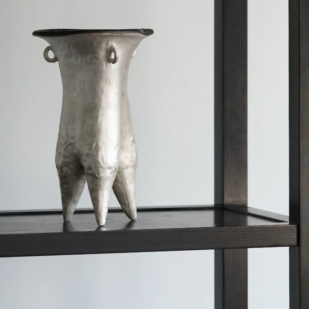 Artist-Made Tripod Ceramic Vessel with Silver Glaze in ivory — front view