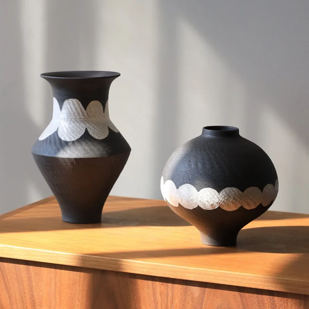 Artist-Made Black Silver-Glaze Vases in black — front view