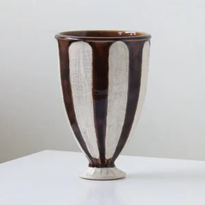 Artist-Made Brown Stripe Silver-Glaze Wide-Mouth Vase in clay — front view