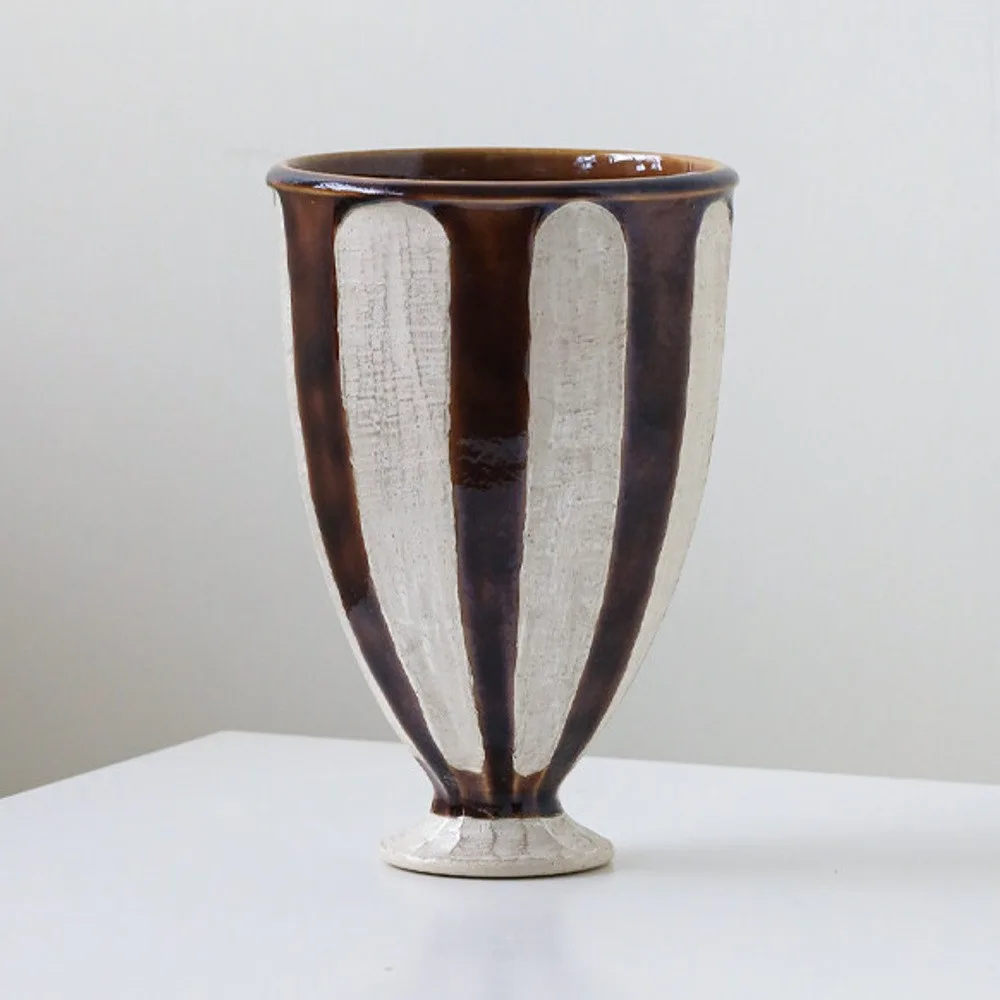 Artist-Made Brown Stripe Silver-Glaze Wide-Mouth Vase in clay — front view