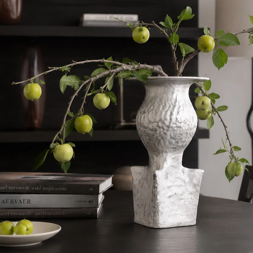 Artist-Made Square and Round Textured Vase with Silver Glaze in ivory — front view