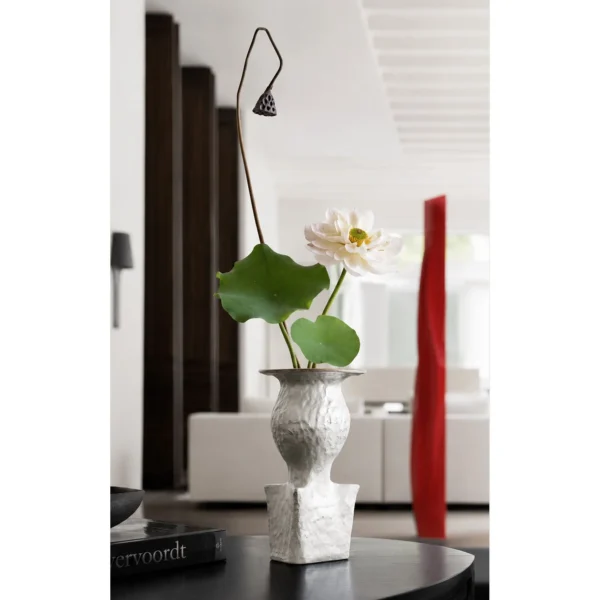 Artist-Made Square and Round Textured Vase with Silver Glaze in ivory — in a room setting