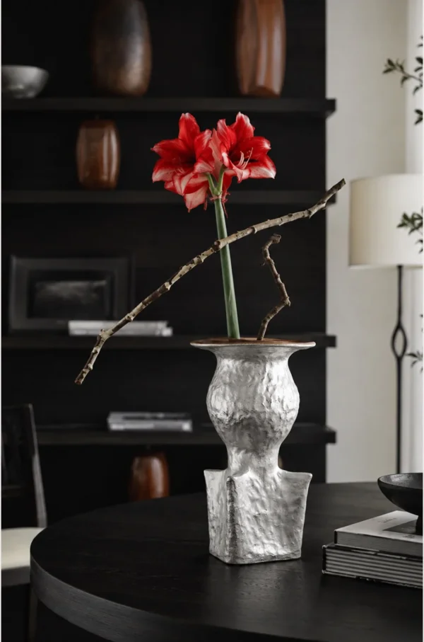 Artist-Made Square and Round Textured Vase with Silver Glaze in ivory — in a room setting