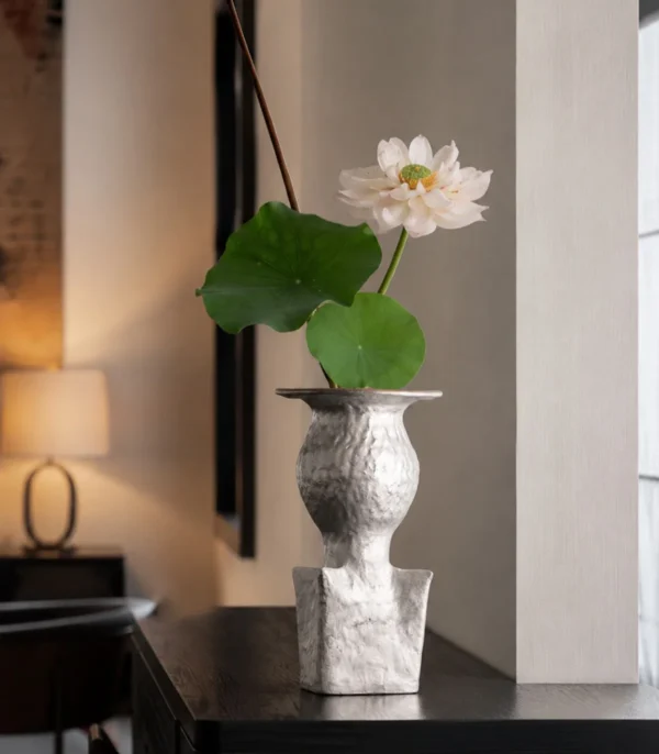 Artist-Made Square and Round Textured Vase with Silver Glaze in ivory — in a room setting