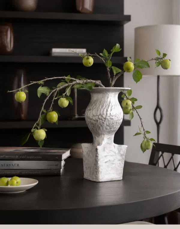 Artist-Made Square and Round Textured Vase with Silver Glaze in ivory — in a room setting