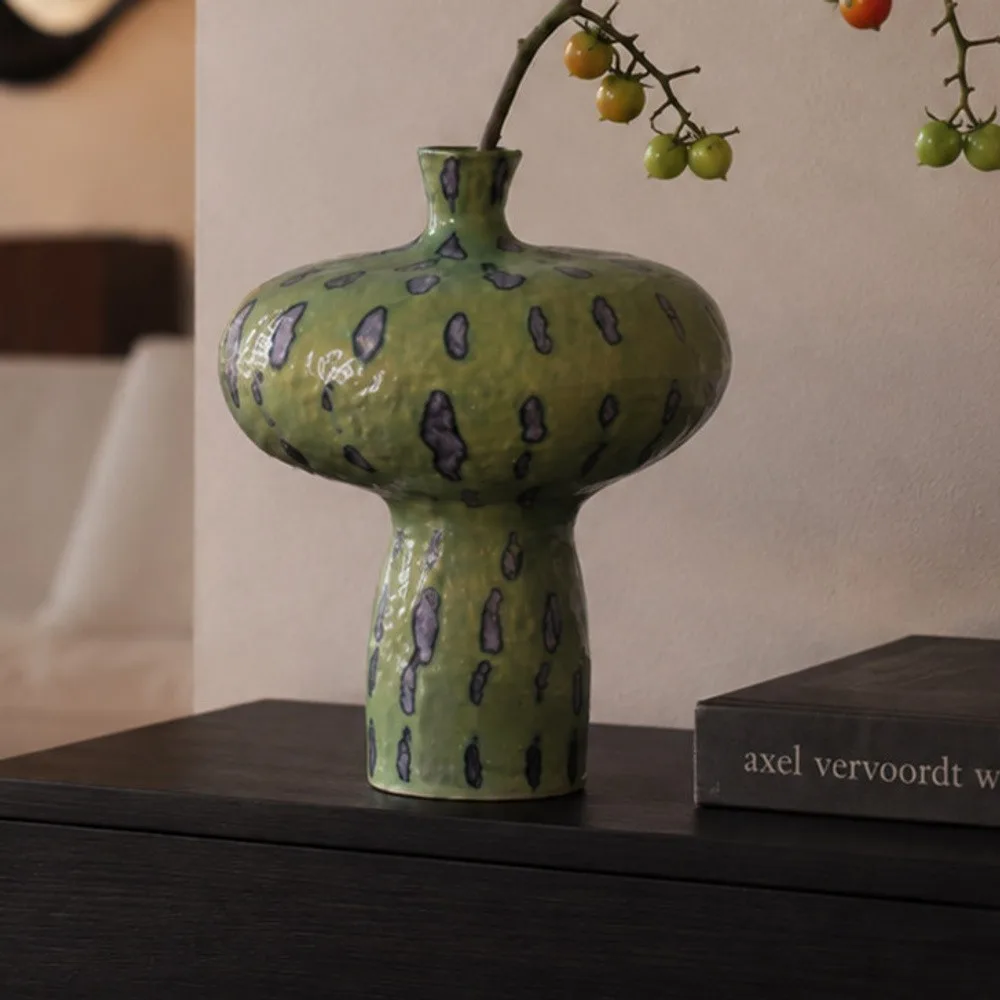 Artist-Made Green Speckled Mushroom Vase, Thousand Peaks in olive — front view