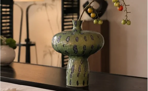 Artist-Made Green Speckled Mushroom Vase, Thousand Peaks in olive — in a room setting