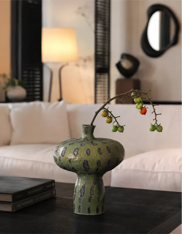 Artist-Made Green Speckled Mushroom Vase, Thousand Peaks in olive — in a room setting