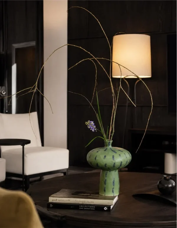 Artist-Made Green Speckled Mushroom Vase, Thousand Peaks in olive — in a room setting