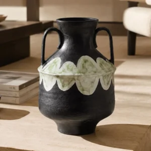 Artist-Made Stoneware Twin-Handle Amphora in black — front view