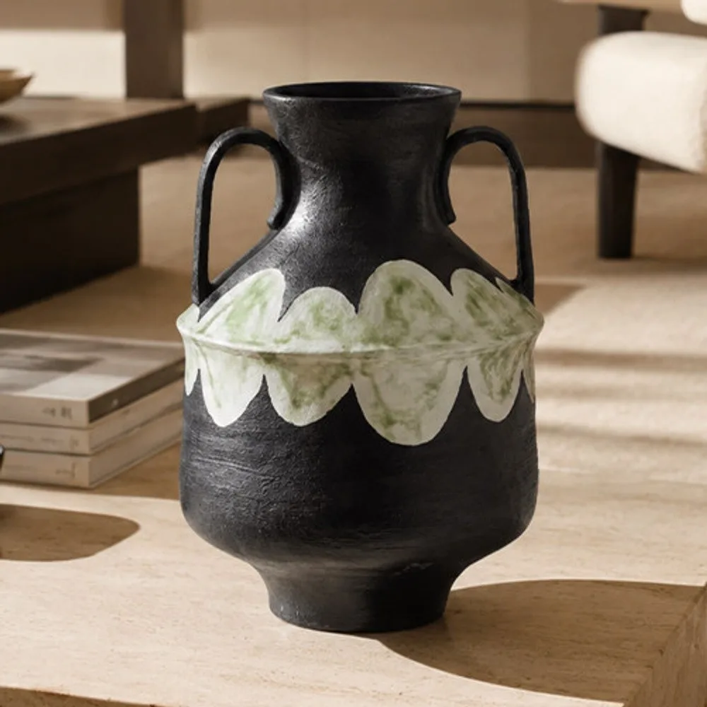 Artist-Made Stoneware Twin-Handle Amphora in black — front view