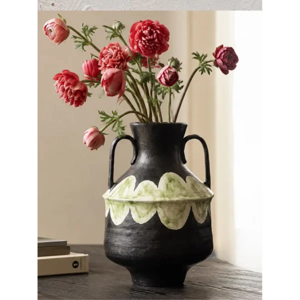 Artist-Made Stoneware Twin-Handle Amphora in black — in a room setting