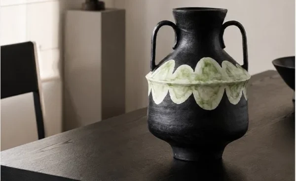 Artist-Made Stoneware Twin-Handle Amphora in black — in a room setting