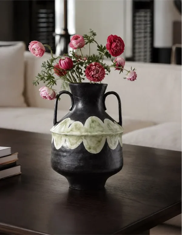 Artist-Made Stoneware Twin-Handle Amphora in black — in a room setting