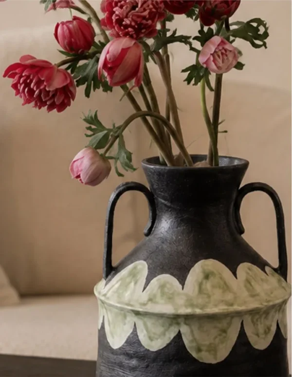 Artist-Made Stoneware Twin-Handle Amphora in black — in a room setting