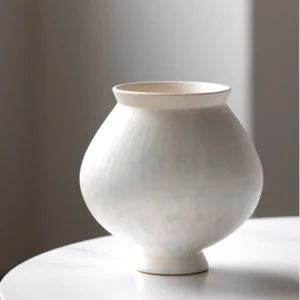 Artist-Made Mist Blue Glaze Wide-Mouth Round Vase in ivory — front view