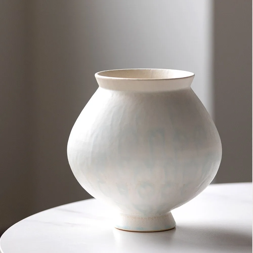 Artist-Made Mist Blue Glaze Wide-Mouth Round Vase in ivory — front view